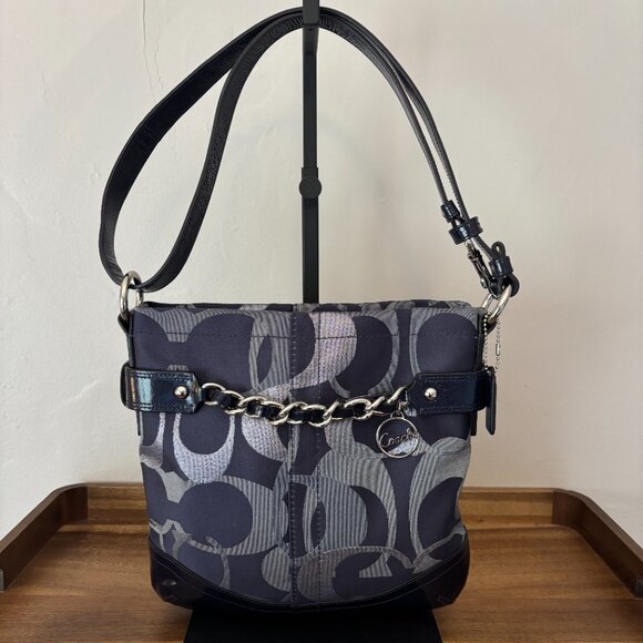 Coach Moto Optic Metallic Navy Signature Patent Leather Chain Duffle Shoulder - Picture 4 of 10
